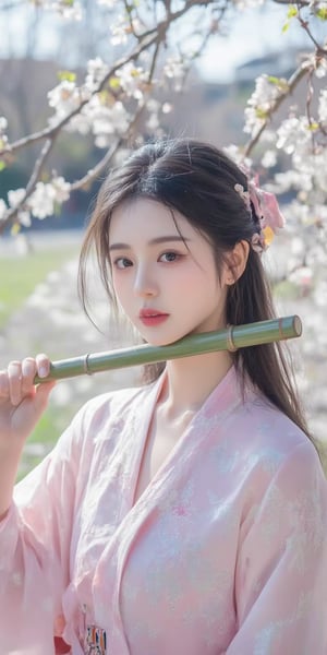 The real composition centers on a young woman holding a horizontal green bamboo stick between her lips. She was wearing a traditional pink kimono with floral patterns on it, and her long black hair was tied with a pink ribbon. The backdrop is cherry blossom branches in full bloom, adding to the vibrant feel of spring. The overall atmosphere is tranquil and traditional, reflecting the fusion of culture and natural beauty. Bright sunlight illuminates the scene, highlighting the woman's expressive eyes and the delicate cherry blossoms surrounding her.