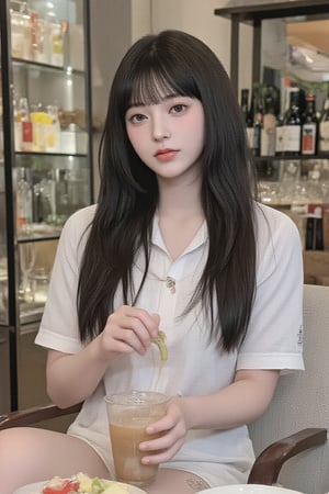 1girl, solo, long hair, looking at viewer, bangs, shirt, black hair, holding, sitting, white shirt, short sleeves, food, shorts, indoors, blunt bangs, black eyes, cup, fruit, holding cup, print shirt