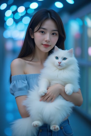 Real 8K photography photos. In the center of the composition is a young Taiwanese woman holding a fluffy white cat. The white cat's aqua blue eyes are very dreamy. The woman has long flowing hair and is wearing a light blue off-shoulder top and blue jeans. The faces of both the woman and the cat are prominent and well-lit, emphasizing their features. The background showcases the bokeh effect of circular blue and white lights, adding a dreamy and tranquil atmosphere. The overall atmosphere of the photo is calm and intimate