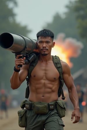 Portrait photography in depth of field mode, a Taiwanese man with very strong muscles is carrying a huge rocket launcher and launching it towards you.