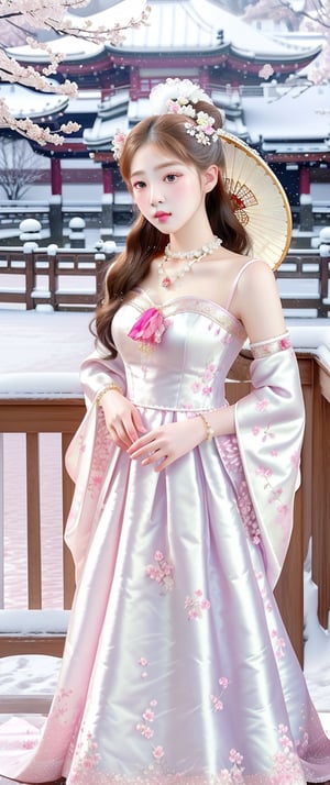 Real portrait photography lens. The composition centers on a serene young woman holding a traditional parasol against a snowy background. The object wears an exquisite white gown with a delicate floral pattern and is accessorized with elaborate jewelry and a wig. Her expression was calm, accentuated by soft pink makeup. The backdrop is cherry blossoms in bloom, partially covered in snow, and wooden railings enhance the overall ethereal and tranquil atmosphere. Harmonious tones of soft pink and white complement the tranquil, dreamy surroundings.