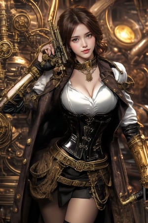 The image portrays a steampunk art style, rich with mechanical and Victorian elements. The composition centers around a woman confidently posing with an intricate, futuristic pistol. She is dressed in a white blouse, black corset, and choker, epitomizing the classic steampunk aesthetic. The background is a complex array of interlocking brass gears and cogs, bathed in warm lighting that accentuates the metallic textures. The overall ambiance is both mechanical and elegant, combining vintage and industrial elements seamlessly.