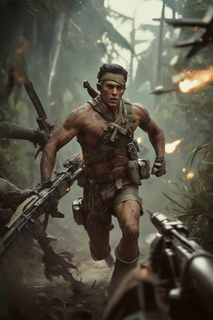 Frontal portrait photography, old photo mode, 1960s, mercenary with obvious muscular lines, holding a heavy machine gun, sprinting forward in the jungle battlefield, surrounded by gunfire and bullets passing by, depth of field close-up effect