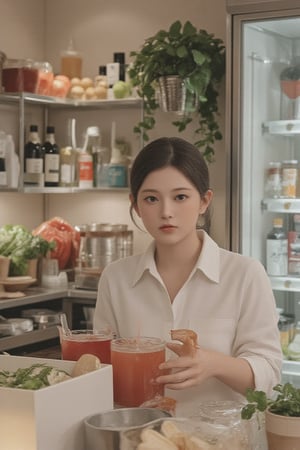 Frontal portrait photography, old photo mode, in the 1960s, a Taiwanese woman sold juice in a Taiwanese ice cream shop. Antique smell. Various vegetables and fruits are placed in transparent cabinets and on the refrigerator