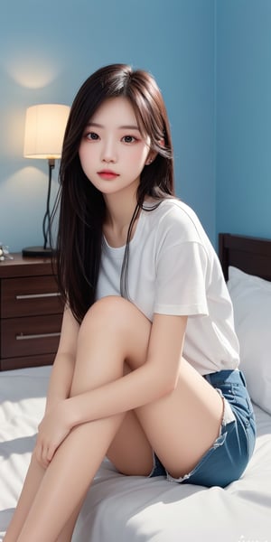 Real portrait photography. The composition centers on a young Taiwanese woman with long straight hair, sitting on a white bed with a blue wall in the background. Wearing a plain white T-shirt and dark shorts, she put her hands on her legs and looked directly into the camera. The background is simple, with a bed, white pillows, and a lamp on the bedside table, creating a peaceful and simple atmosphere. The lighting is soft and casts soft shadows, enhancing the calm and intimate atmosphere of the scene.