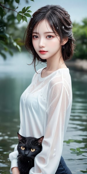 The art style appears hyper-realistic, likely created by AI software such as AI.Cardcat. The composition centers around a young woman standing in water and dressed in a semi-transparent white shirt. The background features a blurred outdoor scene with hints of greenery and water, suggesting a natural setting. Details include water droplets on her clothing and body, implying she is either in the rain or has been splashed. The soft lighting and focus on her face enhance a serene and gentle expression. The overall mood is tranquil and reflective.