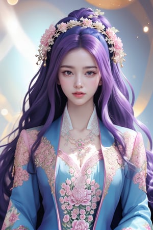 This is a digital artwork by an unknown artist characterized by a highly detailed and realistic style. The composition centers on a woman with voluminous, violet hair adorned with wreaths of flowers and ornate hairpieces. She gazes confidently at the viewer, her expressive face and pose conveying grace. She wears an elaborate, traditional blue robe embellished with intricate floral patterns in pink and white. The background is softly blurred with subtle light beams, enhancing the ethereal and regal feel of the portrait. The overall effect is both captivating and enchanting, merging elements of fantasy with traditional elegance.