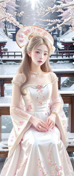 Real portrait photography lens. The composition centers on a serene young woman holding a traditional parasol against a snowy background. The object wears an exquisite white gown with a delicate floral pattern and is accessorized with elaborate jewelry and a wig. Her expression was calm, accentuated by soft pink makeup. The backdrop is cherry blossoms in bloom, partially covered in snow, and wooden railings enhance the overall ethereal and tranquil atmosphere. Harmonious tones of soft pink and white complement the tranquil, dreamy surroundings.