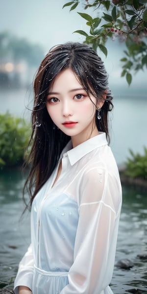 The art style appears hyper-realistic, likely created by AI software such as AI.Cardcat. The composition centers around a young woman standing in water and dressed in a semi-transparent white shirt. The background features a blurred outdoor scene with hints of greenery and water, suggesting a natural setting. Details include water droplets on her clothing and body, implying she is either in the rain or has been splashed. The soft lighting and focus on her face enhance a serene and gentle expression. The overall mood is tranquil and reflective.