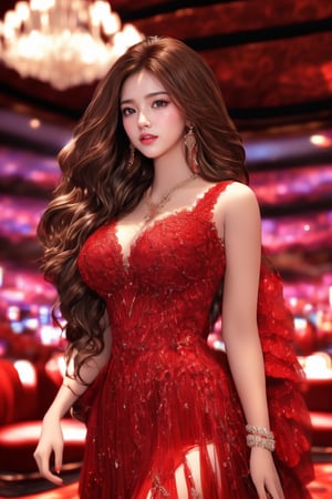 This highly detailed, photorealistic digital illustration appears to be by an unknown artist. The composition centers on a woman in a seductive red dress, emphasizing her form. Set against a casino backdrop, poker chips and a card table are visible, creating a rich, indulgent atmosphere. Her flowing hair, delicate lace details on the dress, and dramatic lighting all add depth and allure to the scene. The background is blurred, keeping the focus on the subject and her striking attire.