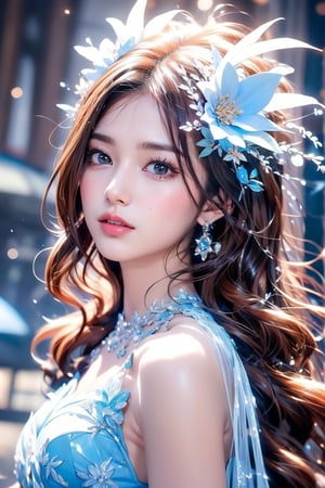 The image is a digital artwork exhibiting a highly detailed and realistic anime/manga style. The composition centers on a delicate young woman with large, expressive eyes, styled hair adorned with flowers, and intricate, crystalline adornments. The background features a mystical, icy ambiance with soft, glowing light and bokeh effects resembling an ethereal forest or ice cave. The combination of floral and ice elements highlights a contrast between warmth and cold, likely symbolizing a fantastical character in a dreamy, surreal setting. The intricate details and ethereal light give the piece a magical, otherworldly quality.