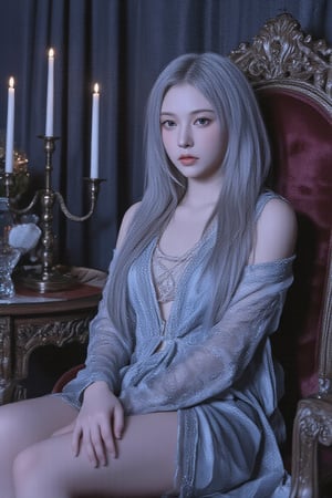 The image features a digital artwork by an unknown artist, characterized by a highly detailed and realistic anime style. The composition centers on a regal, ethereal woman with long, flowing silver hair, seated on an ornate, royal chair. She wears an elaborate blue and silver gown that emphasizes her majestic presence. The background highlights tall candlesticks with lit candles and draped curtains, creating a dimly lit, mystical atmosphere. The ethereal glow and fine details in her attire and surroundings emphasize a fantasy theme, adding to the image's enchanting and captivating feel.