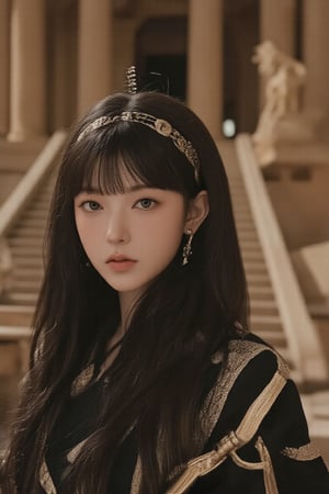 Real portrait photography with a fantasy style. It shows a dark-haired Taiwanese girl wearing a gorgeous ancient Egyptian black style outfit with gold jewelry and a headdress. She holds a golden staff and stares intently at the audience. The background is softly lit, suggesting an ancient temple with majestic columns and staircases. The color palette is warm, rich in gold and deep shadows, adding drama