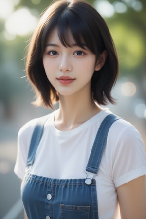 1girl, solo, looking at viewer, smile, short hair, bangs, shirt, black hair, white shirt, upper body, outdoors, medium hair, grin, black eyes, arms behind back, realistic, overalls