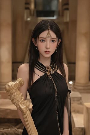 Real portrait photography with a fantasy style. It shows a dark-haired Taiwanese girl wearing a gorgeous ancient Egyptian black style outfit with gold jewelry and a headdress. She holds a golden staff and stares intently at the audience. The background is softly lit, suggesting an ancient temple with majestic columns and staircases. The color palette is warm, rich in gold and deep shadows, adding drama