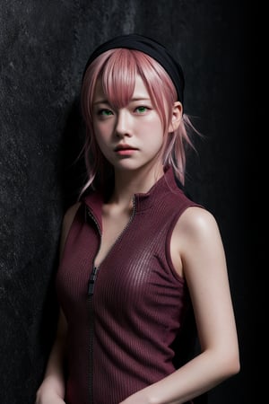 This CG artwork appears to be created by an artist specializing in hyper-realistic, anime-inspired digital art. The composition centers on a female character, depicted from the waist up, emphasizing her detailed, expressive features. The subject has pinkish-blonde hair, piercing green eyes, and wears a sleeveless maroon top with a zipper, partially unzipped, and a black headband. The background is a simple, gradient dark shade that enhances the subject’s prominence. Additional details include her modern, slightly edgy appearance, and the realistic texture and lighting effects that contribute to the overall lifelike quality of the image.