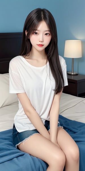 Real portrait photography. The composition centers on a young Taiwanese woman with long straight hair, sitting on a white bed with a blue wall in the background. Wearing a plain white T-shirt and dark shorts, she put her hands on her legs and looked directly into the camera. The background is simple, with a bed, white pillows, and a lamp on the bedside table, creating a peaceful and simple atmosphere. The lighting is soft and casts soft shadows, enhancing the calm and intimate atmosphere of the scene.