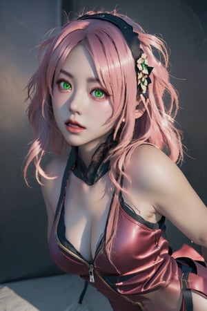 This CG artwork appears to be created by an artist specializing in hyper-realistic, anime-inspired digital art. The composition centers on a female character, depicted from the waist up, emphasizing her detailed, expressive features. The subject has pinkish-blonde hair, piercing green eyes, and wears a sleeveless maroon top with a zipper, partially unzipped, and a black headband. The background is a simple, gradient dark shade that enhances the subject’s prominence. Additional details include her modern, slightly edgy appearance, and the realistic texture and lighting effects that contribute to the overall lifelike quality of the image.