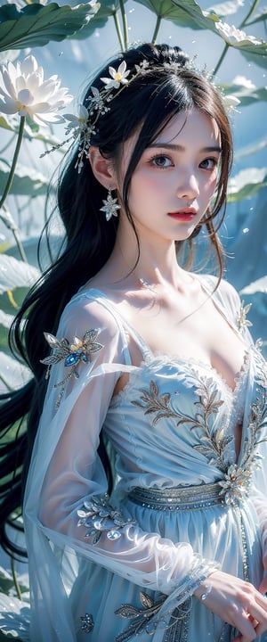 The image is a digital artwork exhibiting a highly detailed and realistic anime/manga style. The composition centers on a delicate young woman with large, expressive eyes, styled hair adorned with flowers, and intricate, crystalline adornments. The background features a mystical, icy ambiance with soft, glowing light and bokeh effects resembling an ethereal forest or ice cave. The combination of floral and ice elements highlights a contrast between warmth and cold, likely symbolizing a fantastical character in a dreamy, surreal setting. The intricate details and ethereal light give the piece a magical, otherworldly quality.