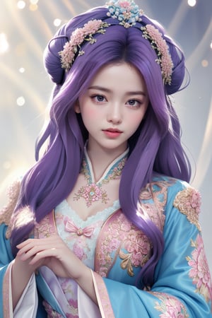 This is a digital artwork by an unknown artist characterized by a highly detailed and realistic style. The composition centers on a woman with voluminous, violet hair adorned with wreaths of flowers and ornate hairpieces. She gazes confidently at the viewer, her expressive face and pose conveying grace. She wears an elaborate, traditional blue robe embellished with intricate floral patterns in pink and white. The background is softly blurred with subtle light beams, enhancing the ethereal and regal feel of the portrait. The overall effect is both captivating and enchanting, merging elements of fantasy with traditional elegance.