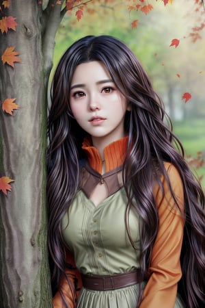 This artwork, likely digital, presents a semi-realistic anime style. The subject is a young woman with long, wavy dark hair and brown eyes, wearing an orange outfit with a high collar and brown accessories. She leans against a tree, gazing directly at the viewer with a calm expression. The background depicts a warm, autumnal setting with soft lighting and falling leaves, contributing to a serene and introspective atmosphere. The detailed rendering of the character contrasts with the softly blurred and warm-toned background, highlighting the subject.