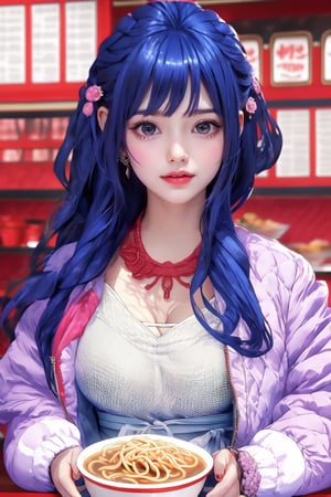 This image embodies the anime art style, likely inspired by manga or anime series. The detailed and expressive character design suggests the work of a skilled digital artist. The composition centers on a girl with deep blue hair and striking eyes, holding a bowl of ramen. The background includes a menu with Japanese text and a red and white color scheme, suggesting a restaurant setting. The girl's attire consists of a light purple and white jacket, complemented by a netted top and an intricate necklace, highlighting the attention to detail characteristic of anime art.