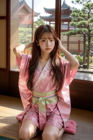 Realistic portrait photography, with images reminiscent of realistic anime. The picture shows a young Korean woman with long brown hair, wearing a pink floral patterned yukata and a colorful sash, kneeling on the wooden floor by the window. She put her hands behind her head in a casual and candid pose. Bright sunlight pours in, casting a warm glow on her and the wooden interior. The backdrop includes a bonsai landscape and traditional Japanese architecture, showcasing a tranquil cultural environment. The overall composition is balanced, blending traditional clothing with a modern and relaxed atmosphere.