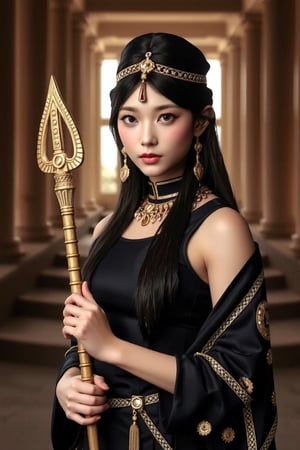 Real portrait photography with a fantasy style. It shows a dark-haired Taiwanese girl wearing a gorgeous ancient Egyptian black style outfit with gold jewelry and a headdress. She holds a golden staff and stares intently at the audience. The background is softly lit, suggesting an ancient temple with majestic columns and staircases. The color palette is warm, rich in gold and deep shadows, adding drama