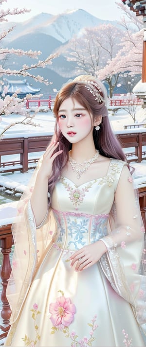 Real portrait photography lens. The composition centers on a serene young woman holding a traditional parasol against a snowy background. The object wears an exquisite white gown with a delicate floral pattern and is accessorized with elaborate jewelry and a wig. Her expression was calm, accentuated by soft pink makeup. The backdrop is cherry blossoms in bloom, partially covered in snow, and wooden railings enhance the overall ethereal and tranquil atmosphere. Harmonious tones of soft pink and white complement the tranquil, dreamy surroundings.