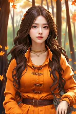 This artwork, likely digital, presents a semi-realistic anime style. The subject is a young woman with long, wavy dark hair and brown eyes, wearing an orange outfit with a high collar and brown accessories. She leans against a tree, gazing directly at the viewer with a calm expression. The background depicts a warm, autumnal setting with soft lighting and falling leaves, contributing to a serene and introspective atmosphere. The detailed rendering of the character contrasts with the softly blurred and warm-toned background, highlighting the subject.