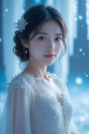 This digital artwork features a fantasy style typical of contemporary digital artists. The composition centers on a young woman with a serene expression, adorned in an intricate, ice-themed gown with crystal accents and floral details. Her hair is styled elegantly with delicate hairpieces. The background is a dreamlike, icy landscape with icicles and soft, glowing lights, enhancing the cold, ethereal atmosphere. Mist and light effects are used skillfully to give the image a magical, otherworldly feel. The artist meticulously captures the fine details of her attire and the ambient light, creating a captivating, whimsical portrait.