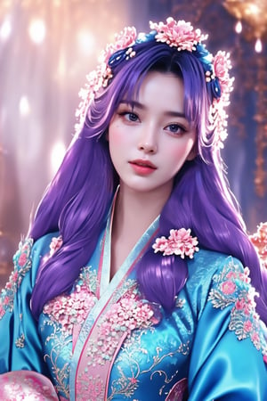 This is a digital artwork by an unknown artist characterized by a highly detailed and realistic style. The composition centers on a woman with voluminous, violet hair adorned with wreaths of flowers and ornate hairpieces. She gazes confidently at the viewer, her expressive face and pose conveying grace. She wears an elaborate, traditional blue robe embellished with intricate floral patterns in pink and white. The background is softly blurred with subtle light beams, enhancing the ethereal and regal feel of the portrait. The overall effect is both captivating and enchanting, merging elements of fantasy with traditional elegance.