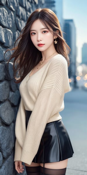 This image appears to be a photorealistic digital artwork, possibly by a contemporary Asian artist specializing in detailed human depictions. The composition features a young woman leaning against a textured stone wall. She is dressed in a cream-colored, V-neck sweater and a glossy black skirt with knee-high stockings, exuding a fashionable yet casual look. Her hair is brown and gently blowing in the wind, complementing her soft makeup and serene expression. She accessorizes with a chain necklace featuring a star-shaped pendant. The background shows an urban setting with a partly visible building, enhancing the modern city atmosphere. The lighting is natural, highlighting her features effectively.