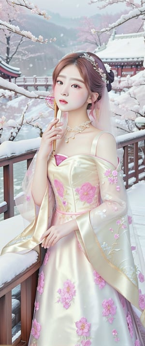 Real portrait photography lens. The composition centers on a serene young woman holding a traditional parasol against a snowy background. The object wears an exquisite white gown with a delicate floral pattern and is accessorized with elaborate jewelry and a wig. Her expression was calm, accentuated by soft pink makeup. The backdrop is cherry blossoms in bloom, partially covered in snow, and wooden railings enhance the overall ethereal and tranquil atmosphere. Harmonious tones of soft pink and white complement the tranquil, dreamy surroundings.