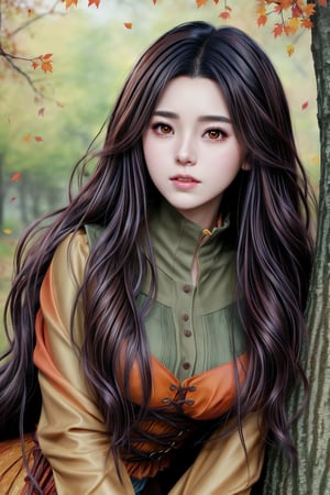 This artwork, likely digital, presents a semi-realistic anime style. The subject is a young woman with long, wavy dark hair and brown eyes, wearing an orange outfit with a high collar and brown accessories. She leans against a tree, gazing directly at the viewer with a calm expression. The background depicts a warm, autumnal setting with soft lighting and falling leaves, contributing to a serene and introspective atmosphere. The detailed rendering of the character contrasts with the softly blurred and warm-toned background, highlighting the subject.