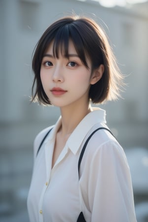 1girl, solo, looking at viewer, smile, short hair, bangs, shirt, black hair, white shirt, upper body, outdoors, medium hair, grin, black eyes, arms behind back, realistic, overalls