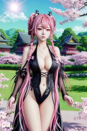 This digital artwork by Wesley Hsu features a hyper-realistic anime-style character with striking detail. The composition centers on a young woman, dressed in a revealing black and white outfit with a plunging neckline, standing amidst a scenic background of blooming cherry blossoms under a bright, clear sky. Her long, pink and green hair is intricately braided and she possesses large, expressive eyes. The background is lush, marked by traditional Japanese architecture in the distance, enhancing the overall serene and picturesque atmosphere. The image is signed with the artist's name at the bottom right.