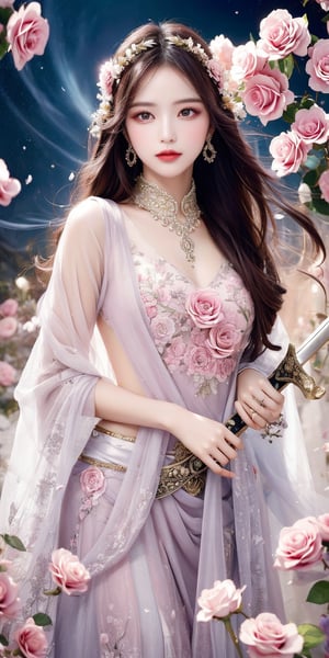 This digital artwork likely by a contemporary artist employs a highly detailed, realistic style with hints of fantasy elements. The composition centers on a woman dressed in ornate, traditional attire holding a sword and a large pink rose. She is adorned with intricate hair ornaments and flowers. The background features swirling light trails and floating pink petals, creating a dynamic and ethereal atmosphere. Pink and white roses further embellish the space, adding to the romantic and delicate ambiance. The overall image blends traditional cultural elements with modern visual effects, creating a captivating and vibrant scene.