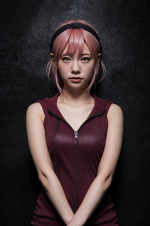 This CG artwork appears to be created by an artist specializing in hyper-realistic, anime-inspired digital art. The composition centers on a female character, depicted from the waist up, emphasizing her detailed, expressive features. The subject has pinkish-blonde hair, piercing green eyes, and wears a sleeveless maroon top with a zipper, partially unzipped, and a black headband. The background is a simple, gradient dark shade that enhances the subject’s prominence. Additional details include her modern, slightly edgy appearance, and the realistic texture and lighting effects that contribute to the overall lifelike quality of the image.