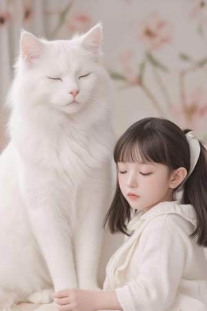 This digital illustration features a soft, dreamlike art style. The composition centers on a large, fluffy white cat and a small, doll-like girl with closed eyes and serene expressions, symbolizing peace and tranquility. They are positioned against a blurred background with delicate, muted florals, enhancing the gentle atmosphere. The girl wears a white dress with a ribbon in her hair, matching the cat’s pristine fur. The lighting is soft and warm, creating a cozy, ethereal ambiance. Overall, the image emits a sense of calm and tenderness.