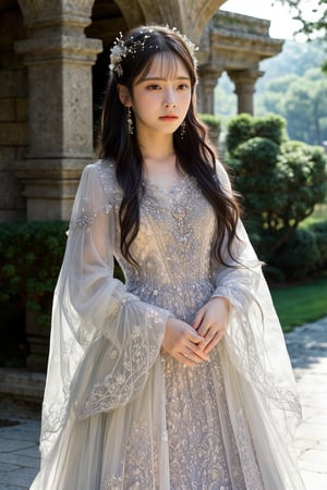 The image features a digital painting in an anime-inspired art style. The composition centers on a young woman with long, dark hair adorned with delicate accessories, standing gracefully and gazing forward. She wears an intricate, flowing dress with ethereal, sheer sleeves and ornate patterns. The background depicts a blurred, outdoor setting with stone architecture and greenery, suggesting a serene, picturesque landscape. This image mainly emphasizes elegance and beauty, enhanced by soft lighting and detailed textures that bring a sense of realism to the fantastical elements.