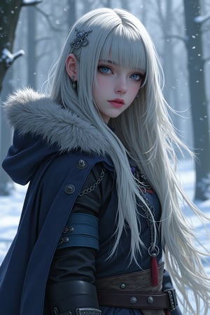 A fierce female warrior fighting in a snowy forest, in Medieval cloak, fur trimmed cloak, long hair, looking at viewer, blue eyes, simple background, (hair ornament), gem, tassel, hair between eyes, jewelry, upper body, earrings, lips, fur trim, eyelashes, portrait, beads, emo, (sharp eyes:1.4), (rebellious:1.4), (fierce:1.4), (standing: 1.2), silver-white hair, Gothic make-up, tough, wild. Kyoto Animation stylized anime, cinematic Lighting, ethereal light, intricate details, extremely detailed, incredible details, full colored, complex details, insanely detailed and intricate, hyper maximalist, gorgeous light and shadow, detailed decoration, detailed lines. Masterpiece, best quality, aerial view, HDR, UHD, unreal engine. looking at the camera, dark Fantasy background, representative, fair skin, beautiful face,A beautiful girl, blonde hair, dynamic character, detailed exquisite face, bold high quality, high contrast,art_booster
