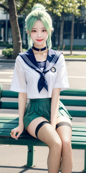 Real photo, a Taiwanese beauty with an proud figure, white ponytail and light green hair, shy smile, wearing a choker around her neck and locked with a chain, wearing a V-neck sailor uniform miniskirt, sitting on a park bench, fishnet Stockings with high-heeled sandals, dazzling sunshine, real light and shadow, details
Rich