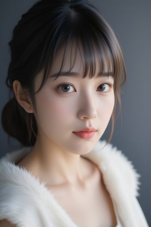 (Realism: 1.4), (Animation Color: 1.5), (Masterpiece, Sidelight, Delicate and Soft Eyes), (Character Focus, Face Focus, Close to the Viewer, Portrait, Masterpiece, From Above), Anime Color, Cute face, 3D face, (black hair to silver hair gradient hair: 1.5), (blunt bangs: 1.3), (1girl, the most beautiful Korean girl, amazing beautiful girl, gorgeous girl, 20 years old, extra big eyes, big eyes, smile, looking at the viewer), (blue eyes: 1.5), (cowboy shot: 1.5), (sleeveless white hair fur sundress: 1.5), (kind face), (blushing), (sitting, wariza , from above; 1.5), (cute face), (open mouth laughter: 1.5), gentle face, (medium chest), (gradient background), (glowing eyes), neat, cute, slim body, (tareme: 1.5), shiny hair, shiny skin, niji, sketch, manga,