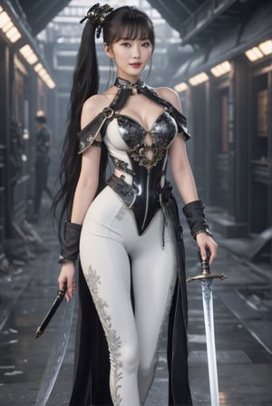 (full body shot: 1.25). A girl wearing black combat suit inspired by furisode and ornate gothic armor, high slit and white (leggings:1.14) accentuating her beautiful thigh. A 17-years-old ethereal breathtakingly glamorous korean girl, black hair, long pony tail, slim and tall perfect model body, beautiful long legs, An ethereal beautiful face with v-shaped jawline, bright eyes, almond-shaped eyes, translucent skin texture, porcelain skin tone. award-winning, hyperrealistic:1.2, crystal clear, 8k uhd, high resolution, holding sword, perfect detail, intricate detail, raw photo, photo_b00ster
BREAK
In a chaotic space ship full of ghost and alien, cg unity, destruction, wrecked
