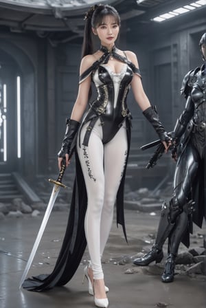 (full body shot: 1.25). A girl wearing black combat suit inspired by furisode and ornate gothic armor, high slit and white (leggings:1.14) accentuating her beautiful thigh. A 17-years-old ethereal breathtakingly glamorous korean girl, black hair, long pony tail, slim and tall perfect model body, beautiful long legs, An ethereal beautiful face with v-shaped jawline, bright eyes, almond-shaped eyes, translucent skin texture, porcelain skin tone. award-winning, hyperrealistic:1.2, crystal clear, 8k uhd, high resolution, holding sword, perfect detail, intricate detail, raw photo, photo_b00ster
BREAK
In a chaotic space ship full of ghost and alien, cg unity, destruction, wrecked
