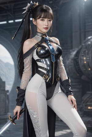 (full body shot: 1.25). A girl wearing black combat suit inspired by furisode and ornate gothic armor, high slit and white (leggings:1.14) accentuating her beautiful thigh. A 17-years-old ethereal breathtakingly glamorous korean girl, black hair, long pony tail, slim and tall perfect model body, beautiful long legs, An ethereal beautiful face with v-shaped jawline, bright eyes, almond-shaped eyes, translucent skin texture, porcelain skin tone. award-winning, hyperrealistic:1.2, crystal clear, 8k uhd, high resolution, holding sword, perfect detail, intricate detail, raw photo, photo_b00ster
BREAK
In a chaotic space ship full of ghost and alien, cg unity, destruction, wrecked
