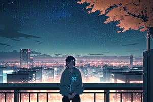 imagine prompt: A teenage boy sitting on a railing, gazing at the night view, wearing oversized headphones and a large hoodie, neon signs illuminating the surroundings, a starry sky shining above, Animation, autumn scenery, Lofi,LOFIstyle --ar 16:9