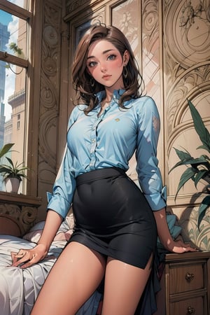 a woman in the office, 45 years old, plant, window, Sexy photo, ((best quality)), ((intricate details)), ((surreal)), H, milf,  view, Very detailed, illustration, 1 girl, ((small breasts)), perfect hands, Detailed fingers, Beautiful and delicate eyes, long hair, brown eyes,slim legs, (business attire:1.2), open office shirt, tight skirt, black collar, earrings, , Detailed background, bedroom, perfect eyes, Seductive eyes, looking at the audience, from below, High detailed 