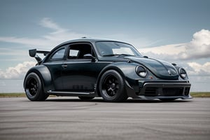 Volkswagen beetle with sterling nova GT car kit, with wide body kit, dark sky, cool, aesthetic, spoilers, full car in frame, full image of the car, drift, very detailed, 8k, 1000mp, ultra sharp, master piece, realistic, detailed grills, detailed headlights, 4k grill, 4k headlights, rich city, dubai, great body kit